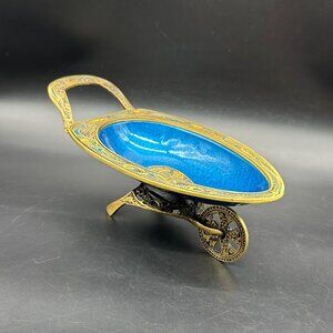 Vintage Brass Enamel Wheelbarrow Trinket Dish Israel Blue Gold Centerpiece Bowl